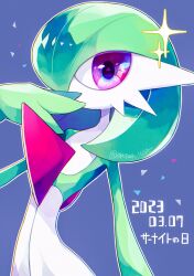 Rule 34 | artist name, blue background, bob cut, colored skin, covering own mouth, creatures (company), dress, game freak, gardevoir, gardevoir day, gen 3 pokemon, green hair, hand over own mouth, highres, looking at viewer, multicolored skin, nintendo, pink eyes, pokemon, pokemon (creature), reira (r-suoh), simple background, sparkle, two-tone skin, white dress, white skin