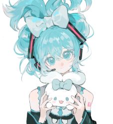 Rule 34 | 1girl, bare shoulders, black sleeves, blue bow, blue eyes, blue hair, blue necktie, bow, cinnamiku, cinnamoroll, cosplay, detached sleeves, expressionless, folded twintails, frilled shirt, frills, grey shirt, hair bow, hair ornament, hatsune miku, hatsune miku (cosplay), head tilt, headphones, headset, highres, holding animal, holding rabbit, lili (lili mioriririi), long hair, looking at viewer, microphone, necktie, rabbit, sanrio, shirt, simple background, solo, upper body, very long hair, vocaloid, white background