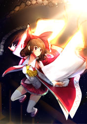 Rule 34 | 1girl, ascot, azuk, bare shoulders, bow, brown hair, collared shirt, detached sleeves, gohei, hair bow, hair tubes, hakurei reimu, highres, light rays, looking to the side, nontraditional miko, pleated skirt, red eyes, sandals, shide, shirt, short hair, sketch, skirt, smile, solo, thighhighs, touhou, white thighhighs, wide sleeves, zettai ryouiki
