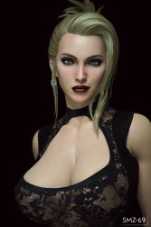 Rule 34 | 1girl, 3d, absurdres, alternate costume, artist name, bare arms, bare shoulders, black background, blonde hair, breasts, cleavage, cleavage cutout, closed mouth, clothing cutout, earrings, eyelashes, eyeliner, eyeshadow, female focus, final fantasy, final fantasy vii, final fantasy vii remake, gem, hair up, highres, jewelry, large breasts, lipstick, looking at viewer, makeup, red lips, scarlet (ff7), see-through, shiny skin, simple background, smz-69, solo, square enix