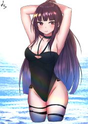 Rule 34 | 1girl, absurdres, breasts, cleavage, frown, girls&#039; frontline, highres, large breasts, ocean, ponytail, red eyes, skindentation, swimsuit, thick thighs, thighs, wa2000 (girls&#039; frontline), wa2000 (op. manta ray) (girls&#039; frontline), water