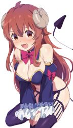 Rule 34 | ahoge, bare shoulders, blue sleeves, blush, bow, breasts, breasts squeezed together, brown eyes, brown hair, cleavage, commentary, curled horns, demon girl, demon horns, demon tail, detached sleeves, embarrassed, frilled sleeves, frills, full-face blush, hair between eyes, hal-bard, hands on own thighs, heart, heart tail, highres, horns, large breasts, long hair, looking at viewer, machikado mazoku, no pants, open mouth, purple thighhighs, red bow, shiny skin, sidelocks, simple background, sitting, sweatdrop, tail, thighhighs, very long hair, wavy hair, wavy mouth, white background, yoshida yuuko (machikado mazoku)