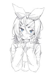 Rule 34 | 1girl, absurdres, blue eyes, bow, eyelashes, hair between eyes, hair bow, hair ornament, hairclip, hands on own cheeks, hands on own face, highres, kagamine rin, long sleeves, looking back, messy hair, monochrome, scarf, shichisaburo, short hair, sidelocks, simple background, smile, solo, vocaloid, white background