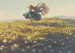 Rule 34 | 1girl, bare legs, blonde hair, blue dress, blue eyes, cloud, dress, flower, grass, holding, holding clothes, holding dress, long hair, original, outdoors, potg (piotegu), profile, redrawn, shadow, short sleeves, signature, sky, solo, standing, white flower, wide shot, wind
