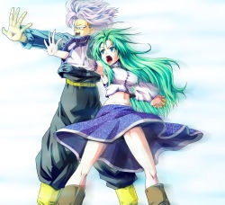 Rule 34 | 1boy, 1girl, back-to-back, blue eyes, boots, breasts, brown footwear, crossover, detached sleeves, dragon ball, dragonball z, green hair, holding hands, hetero, highres, interlocked fingers, kamishima kanon, kochiya sanae, large breasts, light purple hair, long hair, midriff, open mouth, skirt, touhou, trunks (dragon ball), trunks (future) (dragon ball)