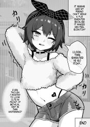 Rule 34 | 1boy, absurdres, arm up, arms behind back, bare shoulders, biting own lip, blush, bow hairband, bra, bulge, buttons, choker, collarbone, commentary, crossdressing, double-parted bangs, english commentary, english text, eyelashes, fur sweater, greyscale, hairband, hashite a, heart, highres, inktober, male focus, mars symbol, monochrome, navel, o-ring, o-ring choker, one eye closed, original, raised eyebrow, scratching, scratching back, shaking, short shorts, shorts, tearing up, teeth, translation request, trap, underwear, upper teeth only