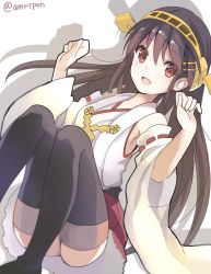 Rule 34 | 10s, 1girl, amripo, bare shoulders, black hair, breasts, brown eyes, brown hair, commentary request, detached sleeves, hair ornament, hairband, hairclip, haruna (kancolle), headgear, japanese clothes, kantai collection, long hair, medium breasts, nontraditional miko, open mouth, skirt, smile, solo, thighhighs, twitter username