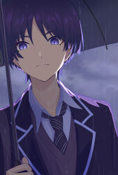 Rule 34 | 1boy, absurdres, black jacket, closed mouth, dior&#039;s bread, frown, genshin impact, hair between eyes, highres, holding, holding umbrella, jacket, looking at viewer, male focus, necktie, portrait, purple eyes, purple hair, rain, scaramouche (genshin impact), shirt, short hair, solo, umbrella, vest, water drop, white shirt