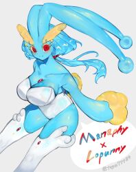 Rule 34 | 1girl, antenna hair, blue fur, blue hair, breasts, chest jewel, cleavage, creatures (company), fluffy, furry, furry female, game freak, gen 4 pokemon, highres, large breasts, legendary pokemon, leotard, looking at viewer, lopunny, manaphy, mythical pokemon, nintendo, playboy bunny, pokemon, pokemon (creature), rabbit ears, rabbit girl, red eyes, smile, solo, thick eyebrows, thick thighs, thighhighs, thighs, togetoge, zettai ryouiki