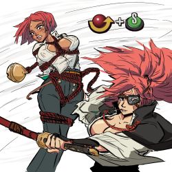 Rule 34 | 2girls, amputee, arms behind back, baiken, bell, blush, bound, bound arms, bound legs, breast bondage, breasts, cleavage, commentary, covered erect nipples, dark-skinned female, dark skin, english commentary, eyepatch, facial tattoo, gameplay mechanics, giovanna (guilty gear), guilty gear, guilty gear strive, highres, holding, holding sword, holding weapon, jingle bell, katana, large breasts, long hair, multiple girls, no bra, nose blush, one-eyed, partially unbuttoned, pink hair, red hair, red rope, rope, scar, scar across eye, shibari, shibari over clothes, spicymancer, sword, tattoo, weapon, yuri