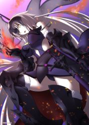 Rule 34 | 1girl, armor, armored boots, armored dress, black dress, black panties, boots, breasts, chain, commentary request, dress, fate/grand order, fate (series), flag, flaming hand, gauntlets, headpiece, highres, holding, holding flag, jeanne d&#039;arc alter (avenger) (fate), jeanne d&#039;arc alter (avenger) (third ascension) (fate), jeanne d&#039;arc alter (fate), large breasts, long hair, looking at viewer, looking down, panties, plackart, shidou (x 2903), sword, thighhighs, twitter username, underwear, very long hair, weapon, white flag, white hair, yellow eyes