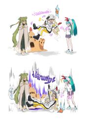Rule 34 | 2koma, 4girls, ^^^, altaria, armband, asymmetrical gloves, beanie, black footwear, black gloves, blank eyes, blonde hair, blue eyes, blue hair, brown cloak, brown hairband, calciumin, cloak, colored tips, comic, commentary request, creatures (company), crocs, crossed legs, double bun, electric miku (project voltage), falling, fedora, floating, flying miku (project voltage), formal, game freak, gen 3 pokemon, gen 4 pokemon, gen 7 pokemon, gloves, green hair, green leggings, grey suit, ground miku (project voltage), hair bun, hair through headwear, hairband, hand on headwear, hat, hatsune miku, headphones, highres, leggings, long hair, long necktie, long sleeves, mismatched gloves, multicolored hair, multiple girls, multiple persona, musical note, nintendo, one eye closed, open mouth, orange eyes, palossand, pant suit, pants, pokemon, project voltage, psychic miku (project voltage), red gloves, riding, riding pokemon, rotom, rotom (normal), shirt, shoes, short sleeves, silent comic, simple background, smile, sneakers, suit, surprised, tan, telekinesis, v-shaped eyebrows, very long hair, vocaloid, white background, white hair, white headwear, white shirt, yellow armband