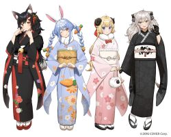 Rule 34 | 4girls, ahoge, alternate costume, animal bag, animal ear fluff, animal ears, bag, bell, black footwear, black gloves, black hair, black kimono, black ribbon, blonde hair, blue eyes, blue hair, blush, bow, braid, brooch, carrot hair ornament, checkered sash, closed mouth, commentary, don-chan (usada pekora), floral print, food-themed hair ornament, french braid, full body, fur scarf, gem, geta, gloves, grey hair, hair ornament, hair ribbon, hairclip, handbag, head tilt, highres, holding, holding bag, hololive, horns, japanese clothes, jewelry, kimono, lace, lace gloves, licking lips, light blue hair, lion ears, lion girl, lion tail, looking at viewer, multicolored hair, multiple girls, obiage, obijime, official art, okobo, ol mahonanoka, one eye closed, ookami mio, open mouth, orange eyes, own hands together, platform footwear, ponytail, rabbit ears, rabbit girl, red bow, red eyes, red footwear, red gemstone, red hair, ribbon, sandals, sheep ears, sheep girl, sheep horns, shishiro botan, sidelocks, simple background, smile, standing, streaked hair, swept bangs, tabi, tail, tassel, tassel hair ornament, thick eyebrows, tongue, tongue out, tsunomaki watame, twin braids, twintails, two-tone hair, usada pekora, virtual youtuber, watermark, wavy hair, white background, white hair, wide sleeves, wolf ears, wolf girl, yellow footwear, yukata