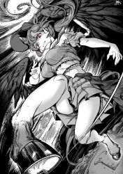 Rule 34 | animal ears, bandana, breasts, commentary request, extra ears, feathered wings, greyscale, grin, highres, horse ears, kurokoma saki, limited palette, long hair, medium breasts, midriff peek, miniskirt, monochrome, monster girl, off-shoulder shirt, off shoulder, overskirt, pegasus wings, plaid, plaid skirt, pleated skirt, ponytail, qingwa chi she, red eyes, running, shirt, skirt, smile, touhou, unfinished dream of all living ghost, wings