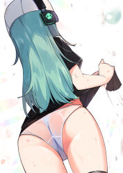 Rule 34 | 1girl, absurdres, antonina (neural cloud), aqua hair, ass, ass focus, black shirt, commentary request, cowboy shot, from behind, girls&#039; frontline, girls&#039; frontline neural cloud, headset, highres, long hair, no pants, panties, see-through, shirt, short sleeves, solo, standing, underwear, wet, wet clothes, wet hair, wet panties, wet shirt, white hair, white panties, white shirt, wringing clothes, y kimisaki