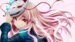 Rule 34 | 1girl, agemono, cover, expressionless, eyelashes, fox mask, from side, glowing, glowing hair, hair between eyes, hata no kokoro, highres, holding, long hair, long sleeves, looking at viewer, mask, pink background, pink eyes, pink hair, plaid, plaid shirt, portrait, shirt, solo, sparks, touhou