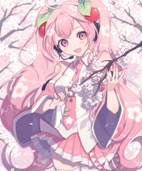 Rule 34 | 1girl, :d, branch, cowboy shot, detached sleeves, flower, hatsune miku, headset, highres, leaf, long hair, looking at viewer, miri (cherryjelly), nail polish, necktie, open mouth, pink eyes, pink hair, pink nails, pink necktie, pink skirt, pleated skirt, sakura miku, shirt, skirt, smile, solo, standing, twintails, very long hair, vocaloid, white flower, white shirt, wide sleeves
