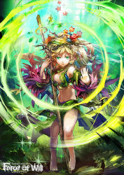 Rule 34 | 1girl, aged down, barefoot, blonde hair, breasts, center opening, cleavage, comaza, copyright name, fiethsing (force of will), flower, force of will, gem, grass, green eyes, hair flower, hair ornament, midriff, navel, official art, pointy ears, solo, sparkle, staff