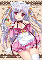 Rule 34 | 1girl, animal ears, bell, neck bell, breasts, cake, cleavage, collar, food, long hair, maid, mameyarou, original, silver hair, solo, thighhighs, two side up