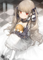 Rule 34 | 1girl, aged down, azur lane, bare shoulders, black footwear, black ribbon, blunt bangs, bridal gauntlets, child, closed mouth, commentary request, dress, earrings, expressionless, formidable (azur lane), frilled dress, frilled skirt, frills, gothic lolita, grey hair, hair ribbon, holding, holding stuffed toy, huge filesize, jewelry, jitome, knees up, lolita fashion, long hair, long skirt, long sleeves, looking at viewer, mary janes, red eyes, ribbon, shoes, sitting, skirt, solo, stuffed animal, stuffed toy, teddy bear, tile floor, tiles, twintails, very long hair, watarumi, white legwear