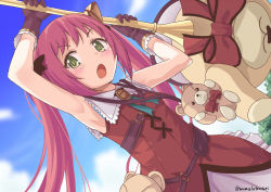 Rule 34 | 1girl, armpits, arms up, ayane (princess connect!), belt, blush, cloud, day, dutch angle, gloves, green eyes, hair ornament, long hair, looking at viewer, open mouth, princess connect!, red eyes, ribbon, sky, sleeveless, solo, stuffed animal, stuffed toy, teddy bear, twintails, twitter username, umarutsufuri, weapon