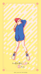 Rule 34 | 1girl, arm up, artist request, bare shoulders, beanie, blonde hair, blue sweater, blush, hat, highres, kitagawa marin, long sleeves, multicolored hair, official alternate costume, official art, one eye closed, pink hair, red eyes, red hat, shoes, sleeves past fingers, sleeves past wrists, smile, socks, solo, sono bisque doll wa koi wo suru, sweater, translation request, yellow background
