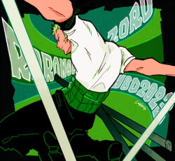 Rule 34 | 1boy, back, bandana around arm, boots, character name, commentary, dated, earrings, green background, green hair, happy birthday, haramaki, jewelry, lngees, male focus, one piece, pants, roronoa zoro, shirt, short hair, simple background, solo, sword, symbol-only commentary, weapon, white shirt