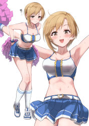 Rule 34 | 1girl, :d, absurdres, aiba yumi, armpits, arms up, bare shoulders, blonde hair, blue sky, blush, breasts, brown eyes, cheerleader, cleavage, collarbone, commentary request, crop top, full body, highres, idolmaster, idolmaster cinderella girls, looking at viewer, medium breasts, midriff, navel, open mouth, pizzasi, pleated skirt, pom pom (cheerleading), shoes, short hair, simple background, skirt, sky, sleeveless, smile, sneakers, sweat, translation request, white background, white legwear