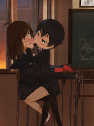 Rule 34 | 2girls, absurdres, bad id, bad pixiv id, black hair, black legwear, blazer, blue eyes, blush, brown hair, chair, chocolate, desk, ei (ss4), eye contact, hand on another&#039;s cheek, hand on another&#039;s face, highres, jacket, long hair, looking at another, mouth hold, multiple girls, open mouth, original, pantyhose, school uniform, shoes, short hair, sitting, sitting on person, skirt, smile, straddling, uwabaki, valentine, yuri