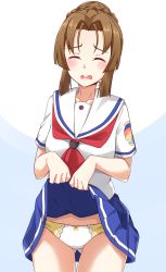 Rule 34 | 1girl, absurdres, blue background, blue skirt, blush, bow, bow panties, braid, breasts, closed eyes, clothes lift, collarbone, commentary request, cowboy shot, facing viewer, gluteal fold, hair bun, heki junko, high school fleet, highres, kapatarou, lifting own clothes, light brown hair, neckerchief, open mouth, panties, parted bangs, pleated skirt, red neckerchief, sailor collar, school uniform, serafuku, shirt, short sleeves, single hair bun, skirt, skirt lift, small breasts, solo, two-tone background, underwear, white background, white panties, white sailor collar, white shirt, yokosuka girls marine high school uniform