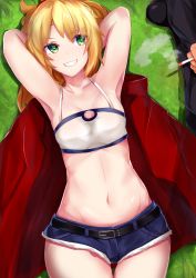 Rule 34 | 1girl, abs, absurdres, armpits, arms behind head, arms up, bandeau, bare shoulders, belt, blonde hair, breasts, cigarette, coat, cutoffs, denim, denim shorts, fate/apocrypha, fate/grand order, fate (series), green eyes, highres, looking to the side, mordred (fate), mordred (fate/apocrypha), mordred (memories at trifas) (fate), nanakaku, navel, red coat, scrunchie, short shorts, shorts, small breasts, smile, smoke