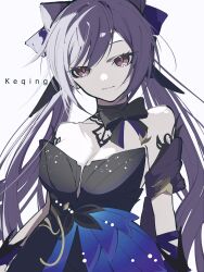 1girl absurdres bare_shoulders black_bow black_choker black_dress bow breasts character_name choker cleavage detached_sleeves dress genshin_impact grey_background highres jiangchang keqing_(genshin_impact) keqing_(opulent_splendor)_(genshin_impact) long_hair looking_at_viewer official_alternate_costume purple_eyes purple_hair simple_background smile solo strapless strapless_dress twintails upper_body very_long_hair