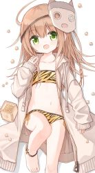 Rule 34 | 1girl, :d, ahoge, animal print, barefoot, beans, between fingers, bikini, brown hair, commentary request, drawstring, food, green eyes, hair between eyes, hand up, heterochromia, holding, holding food, hood, hood down, hooded jacket, jacket, knee up, long hair, long sleeves, looking at viewer, lying, mask, mask on head, masu, navel, on back, open clothes, open jacket, open mouth, original, print bikini, setsubun, sleeves past wrists, smile, solo, swimsuit, tiger print, very long hair, white jacket, yuuhagi (amaretto-no-natsu)