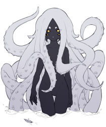 Rule 34 | 1girl, arms at sides, black skin, colored skin, day, extra eyes, highres, limited palette, long hair, looking at viewer, monster girl, no pussy, original, outdoors, quail0503, ship, simple background, solo, standing, tentacle hair, wading, water, watercraft, white background, yellow eyes