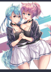 Rule 34 | &gt;:), 2girls, :d, alternate costume, animal ears, aoba (azur lane), aoba (azur lane) (cosplay), aoba (kancolle), arm around waist, asymmetrical docking, azur lane, black jacket, black shirt, blue eyes, blue hair, blush, breast press, breasts, brown eyes, buckle, cleavage, closed mouth, collar, cosplay, cowboy shot, crossover, fox ears, fox tail, hand on another&#039;s hip, highres, historical name connection, interlocked fingers, jacket, kantai collection, kemonomimi mode, large breasts, letterboxed, long hair, looking at viewer, low twintails, matching outfits, medium breasts, multiple girls, name connection, open clothes, open jacket, open mouth, pink hair, pleated skirt, revision, shirt, short hair, skirt, smile, standing, tail, tama satou, tareme, twintails, v-shaped eyebrows, white skirt