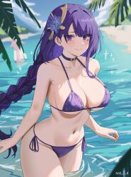 Rule 34 | 1girl, absurdres, alternate costume, bare shoulders, bikini, blush, braid, breasts, choker, cleavage, closed mouth, collarbone, commentary, english commentary, genshin impact, hair ornament, highres, large breasts, long hair, looking at viewer, low-braided long hair, low-tied long hair, mole, mole under eye, navel, nvl, outdoors, partially submerged, purple bikini, purple choker, purple eyes, purple hair, raiden shogun, side-tie bikini bottom, smile, solo, stomach, swimsuit, thighs, twitter username, underboob, water