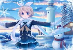 Rule 34 | 1girl, black jacket, black skirt, blonde hair, blue eyes, building, buttons, cliff, cloud, cowboy shot, double-breasted, frills, gloves, hair ornament, hair ribbon, hairclip, house, icicle, jacket, kagamine rin, lighthouse, long sleeves, looking away, looking to the side, miniskirt, neckerchief, outdoors, outstretched arms, pine tree, ribbon, sailor collar, sakakidani, scarf, short hair, shovel, skirt, sky, smile, snow, snowflakes, snowing, snowman, solo, spread arms, tree, vocaloid, water, white gloves, white scarf, winter, winter clothes, worktool