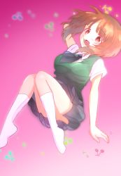 Rule 34 | 1girl, :d, arm behind head, arm up, blue skirt, brown eyes, brown hair, commentary request, dress shirt, floating, girls und panzer, gradient background, green vest, highres, looking at viewer, miniskirt, necktie, nishizumi miho, open mouth, pink background, rurikoke, shirt, short hair, short sleeves, skirt, smile, socks, solo, sparkle, vest, white shirt, white socks, wing collar