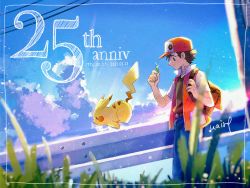 Rule 34 | 1boy, anniversary, backpack, bag, baseball cap, brown bag, closed mouth, cloud, commentary request, creatures (company), dated, day, framed, from below, game freak, gen 1 pokemon, glint, grass, hand up, hanenbo, hat, highres, holding, holding strap, jacket, looking at object, male focus, nintendo, outdoors, pikachu, pokemon, pokemon (creature), pokemon rgby, red (pokemon), short sleeves, signature, sky, smile