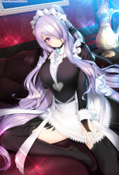 Rule 34 | 1girl, apron, black thighhighs, breasts, bridal gauntlets, brooch, camilla (fire emblem), fire emblem, fire emblem fates, hair over one eye, highres, jewelry, kashiwamochi yomogi, large breasts, long hair, looking at viewer, maid, maid apron, maid headdress, nintendo, official alternate costume, purple eyes, smile, solo, sparkle, thighhighs, very long hair, wrist cuffs