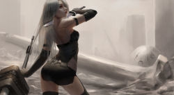 Rule 34 | allen hsieh, android, arched back, armlet, ass, black gloves, black shorts, breasts, cutting hair, elbow gloves, from behind, gloves, highres, holding, holding sword, holding weapon, joints, legs, long hair, medium breasts, nier (series), nier:automata, pink lips, robot, robot joints, short shorts, shorts, silver hair, sword, tank top, weapon, a2 (nier:automata)