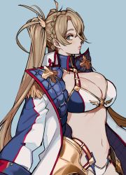 Rule 34 | 1girl, absurdres, armor, blue background, blue eyes, bradamante (fate), bradamante (third ascension) (fate), breasts, cleavage, coat, ennuigrl, eyebrows, fate/grand order, fate (series), highres, hip armor, lips, looking to the side, medium breasts, navel, unfinished, winter clothes, winter coat