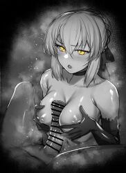 Rule 34 | 1boy, 1girl, absurdres, artoria pendragon (all), artoria pendragon (fate), bare shoulders, blush, braid, breasts, breasts squeezed together, choker, collarbone, elbow gloves, fate/grand order, fate (series), french braid, gloves, grabbing, grabbing own breast, greyscale, hair between eyes, hair ribbon, hetero, highres, hirasawa seiji, large breasts, monochrome, nipples, no bra, open mouth, paizuri, penis, ribbon, saber alter, sidelocks, spot color, topless, yellow eyes