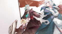 Rule 34 | 4girls, animal ears, arknights, bear ears, blonde hair, blue eyes, book, brown hair, closed mouth, coat, door, female focus, flag, fur coat, gummy (arknights), hair ornament, hairpin, hat, heterochromia, highres, holding, holding weapon, huangjin shizi, istina (arknights), looking to the side, monocle, multicolored hair, multiple girls, necktie, red eyes, ribbon, rosa (arknights), simple background, skirt, streaked hair, ursus empire logo, weapon, white hair, zima (arknights)