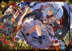 Rule 34 | 1girl, asuka shirou, bat (animal), bat wings, bird, blue hair, dress, fang, flower, hat, mob cap, open mouth, parasol, pointy ears, puffy short sleeves, puffy sleeves, red flower, red rose, remilia scarlet, rose, sash, scarlet devil mansion, short sleeves, smile, solo, touhou, umbrella, white dress, wings, wrist cuffs