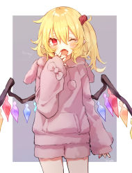 Rule 34 | 1girl, alternate costume, animal hood, artist name, blonde hair, blush, rabbit hood, casual, commentary request, cowboy shot, crystal, fang, flandre scarlet, grey background, hand up, hi o kawa, hood, hoodie, long hair, looking at viewer, nail polish, one eye closed, open mouth, pink hoodie, pink shorts, pointy ears, red eyes, red nails, red scrunchie, scrunchie, shorts, side ponytail, simple background, sleeves past wrists, solo, tearing up, touhou, wings, yawning
