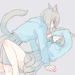 Rule 34 | 2girls, animal ears, bare legs, blue shirt, blush, breast pocket, closed mouth, commentary request, covered eyes, dog ears, dog girl, dog tail, embarrassed, feet out of frame, girl on top, grey background, grey hair, grey skirt, inutose, knee up, kneeling, long sleeves, looking at another, lying, multiple girls, on back, original, pleated skirt, pocket, school uniform, shirt, shirt tucked in, simple background, skirt, tail, yuri