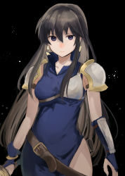 Rule 34 | 1girl, arm guards, armor, ayra (fire emblem), belt, black background, black hair, blue dress, blue eyes, blue gloves, breasts, closed mouth, commentary, cowboy shot, dress, earrings, expressionless, fingerless gloves, fire emblem, fire emblem: genealogy of the holy war, gloves, haru (nakajou-28), highres, jewelry, long hair, looking at viewer, medium breasts, nintendo, shoulder armor, side slit, simple background, sleeveless, sleeveless dress, solo, straight hair, thighs