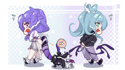 Rule 34 | 2girls, ass, black sweater, chibi, commentary, cosplay, costume switch, covering another&#039;s eyes, dragon, dragon tail, dressing, elira pendora, elira pendora (1st costume), elira pendora (cosplay), ember (selen tatsuki), english commentary, fang, grey overalls, head wings, highres, lanyard, looking back, looking down, loose socks, low wings, maxeggq, multiple girls, muzzle, nijisanji, nijisanji en, open mouth, overall shorts, overalls, pants, pikl (elira pendora), purple eyes, purple pants, selen tatsuki, selen tatsuki (1st costume), selen tatsuki (cosplay), siblings, sisters, socks, speech bubble, surprised, sweater, tail, tube socks, virtual youtuber, white sweater, wings