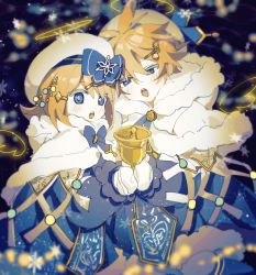 Rule 34 | 1boy, 1girl, angel wings, bell, beret, black background, blonde hair, blue bow, blue dress, blue eyes, bow, capelet, chi ya, christmas lights, dress, fortissimo, fur-trimmed capelet, fur-trimmed shorts, fur trim, gold trim, hair bow, hair ornament, hairclip, halo, hat, highres, holding, holding bell, kagamine len, kagamine rin, musical note, musical note hair ornament, open mouth, short hair, shorts, snowflake ornament, snowing, spiked hair, tabard, vocaloid, white capelet, white headwear, wings, yuki len, yuki rin